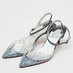 Pre Owned Christian Louboutin Transparent PVC Crystal Embellished Spikaqueen Ankle Strap Sandals Size 38.5