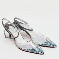 Pre Owned Christian Louboutin Transparent PVC Crystal Embellished Spikaqueen Ankle Strap Sandals Size 38.5