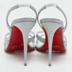Pre Owned Christian Louboutin Sliver Glitter Emilie 100 Slingback Sandals Size 38