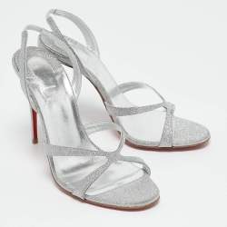 Pre Owned Christian Louboutin Sliver Glitter Emilie 100 Slingback Sandals Size 38