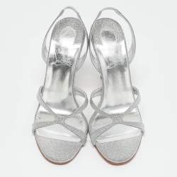 Pre Owned Christian Louboutin Sliver Glitter Emilie 100 Slingback Sandals Size 38