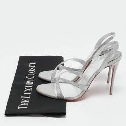 Pre Owned Christian Louboutin Sliver Glitter Emilie 100 Slingback Sandals Size 38