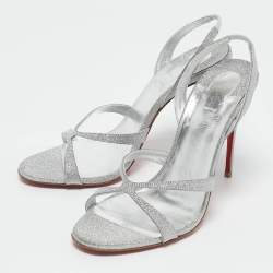 Pre Owned Christian Louboutin Sliver Glitter Emilie 100 Slingback Sandals Size 38