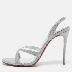 Pre Owned Christian Louboutin Sliver Glitter Emilie 100 Slingback Sandals Size 38