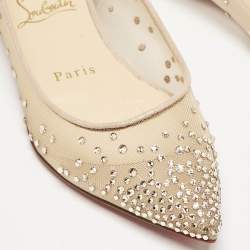 Christian Louboutin Beige Embellished Mesh Follies Strass Pointed Toe Ballet Flats Size 34.5