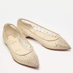 Christian Louboutin Beige Embellished Mesh Follies Strass Pointed Toe Ballet Flats Size 34.5