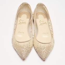 Christian Louboutin Beige Embellished Mesh Follies Strass Pointed Toe Ballet Flats Size 34.5