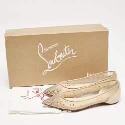 Christian Louboutin Beige Embellished Mesh Follies Strass Pointed Toe Ballet Flats Size 34.5