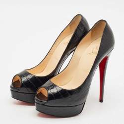 Christian Louboutin Black Alligator Lady Peep Toe Platform Pumps Size 38