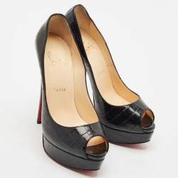 Christian Louboutin Black Alligator Lady Peep Toe Platform Pumps Size 38