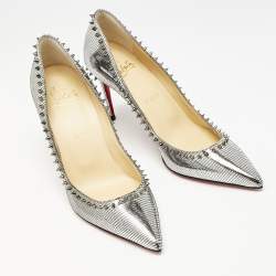 Christian Louboutin Silver Laminated Leather Anjalina Spike Pointed Toe Pumps Size 37