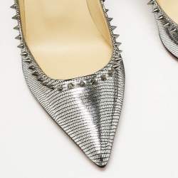 Christian Louboutin Silver Laminated Leather Anjalina Spike Pointed Toe Pumps Size 37