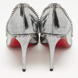 Christian Louboutin Silver Laminated Leather Anjalina Spike Pointed Toe Pumps Size 37