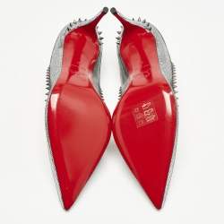 Christian Louboutin Silver Laminated Leather Anjalina Spike Pointed Toe Pumps Size 37