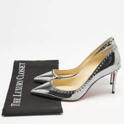 Christian Louboutin Silver Laminated Leather Anjalina Spike Pointed Toe Pumps Size 37