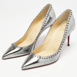 Christian Louboutin Silver Laminated Leather Anjalina Spike Pointed Toe Pumps Size 37