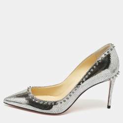 Christian Louboutin Silver Laminated Leather Anjalina Spike Pointed Toe Pumps Size 37