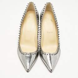 Christian Louboutin Silver Laminated Leather Anjalina Spike Pointed Toe Pumps Size 37