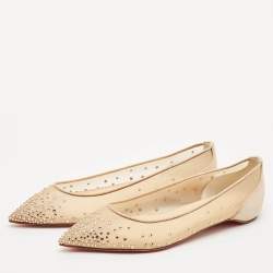 Christian Louboutin Beige Suede and Mesh Follies Strass Ballet Flats Size 40.5