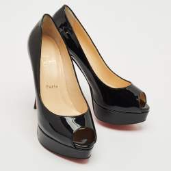Christian Louboutin Black Patent Leather Lady Peep Pumps Size 38.5