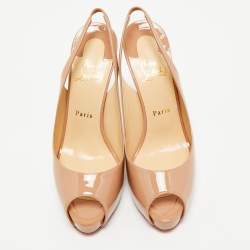 Christian Louboutin Beige Patent Leather Private Number Slingback Pumps Size 39.5