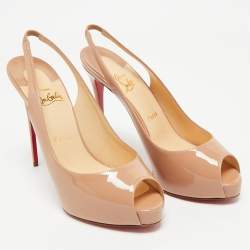 Christian Louboutin Beige Patent Leather Private Number Slingback Pumps Size 39.5