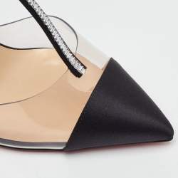 Pre Owned Christian Louboutin Black/Transparent Satin and PVC Nosy T-Strap Sandals Size 36