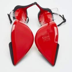 Pre Owned Christian Louboutin Black/Transparent Satin and PVC Nosy T-Strap Sandals Size 36