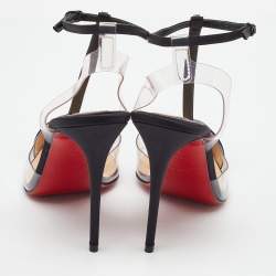 Pre Owned Christian Louboutin Black/Transparent Satin and PVC Nosy T-Strap Sandals Size 36