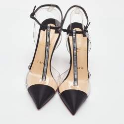 Pre Owned Christian Louboutin Black/Transparent Satin and PVC Nosy T-Strap Sandals Size 36