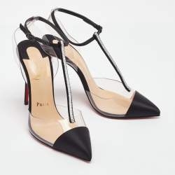 Pre Owned Christian Louboutin Black/Transparent Satin and PVC Nosy T-Strap Sandals Size 36