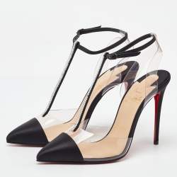 Pre Owned Christian Louboutin Black/Transparent Satin and PVC Nosy T-Strap Sandals Size 36