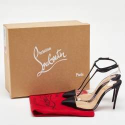 Pre Owned Christian Louboutin Black/Transparent Satin and PVC Nosy T-Strap Sandals Size 36