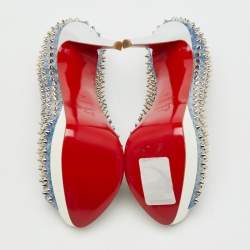 Pre Owned Christian Louboutin Blue/White Denim Spikes Lady Peep Platform Pumps Size 41