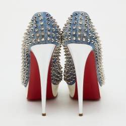 Pre Owned Christian Louboutin Blue/White Denim Spikes Lady Peep Platform Pumps Size 41