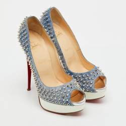 Pre Owned Christian Louboutin Blue/White Denim Spikes Lady Peep Platform Pumps Size 41