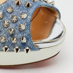Pre Owned Christian Louboutin Blue/White Denim Spikes Lady Peep Platform Pumps Size 41