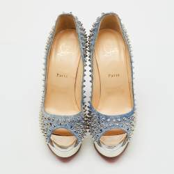 Pre Owned Christian Louboutin Blue/White Denim Spikes Lady Peep Platform Pumps Size 41