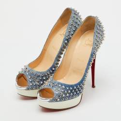 Pre Owned Christian Louboutin Blue/White Denim Spikes Lady Peep Platform Pumps Size 41