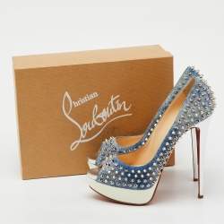 Pre Owned Christian Louboutin Blue/White Denim Spikes Lady Peep Platform Pumps Size 41