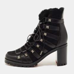 Pre Owned Christian Louboutin Black Suede and Leather Chaletta Ankle Boots Size 37