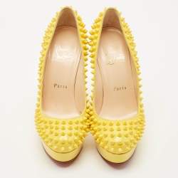 Pre Owned Christian Louboutin Yellow Patent Leather Bianca Spikes Pumps Size 36