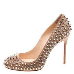 Pre Owned Christian Louboutin Beige Leather Fifi Spike Pumps Size 37.5