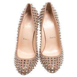 Pre Owned Christian Louboutin Beige Leather Fifi Spike Pumps Size 37.5