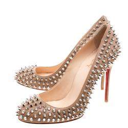 Pre Owned Christian Louboutin Beige Leather Fifi Spike Pumps Size 37.5
