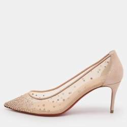 Pre Owned Christian Louboutin Beige Mesh and Suede Follies Strass Pointed Toe Pumps Size 37