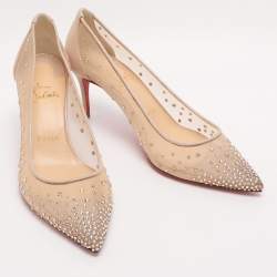 Pre Owned Christian Louboutin Beige Mesh and Suede Follies Strass Pointed Toe Pumps Size 37