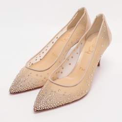 Pre Owned Christian Louboutin Beige Mesh and Suede Follies Strass Pointed Toe Pumps Size 37