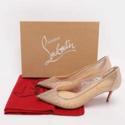Pre Owned Christian Louboutin Beige Mesh and Suede Follies Strass Pointed Toe Pumps Size 37