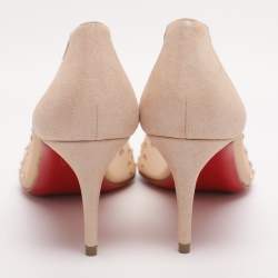Pre Owned Christian Louboutin Beige Mesh and Suede Follies Strass Pointed Toe Pumps Size 37